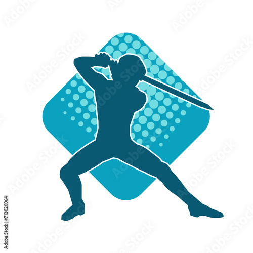 Silhouette of a male warrior in action pose with sword weapon. Silhouette of a man fighter carrying sword weapon.