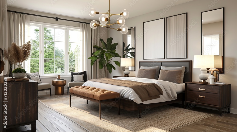 Fototapeta premium Light modern master bedroom interior with darkwood bed and dresser