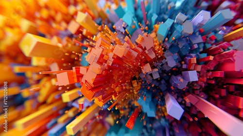 An explosion of colorful 3D geometric shapes  forming an abstract and energetic background.