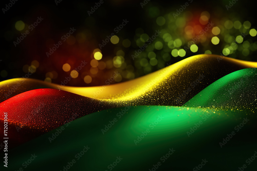 Black History Month Background, Abstract Red, Green, Yellow Colorful Waves with Glitter Sparkle Blur Bokeh - obrazy, fototapety, plakaty 