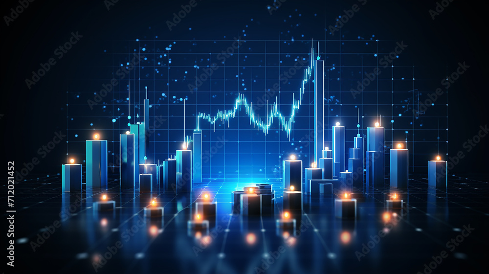 Fototapeta premium abstract stock market candlesticks and world map on technology blue background. Low poly wireframe