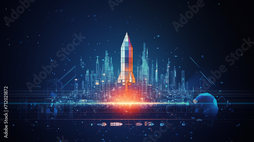 digital rocket launch into outer space. boosting and takeoff career concept. Abstract spaceship