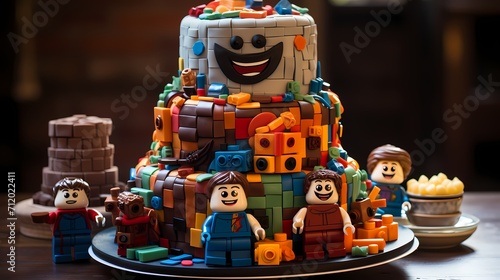 A playful Lego-themed cake with brick-shaped layers and fondant Lego character decorations