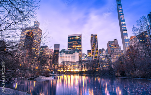 Photography Central Park at sunset in New York City, USA. Winter season.