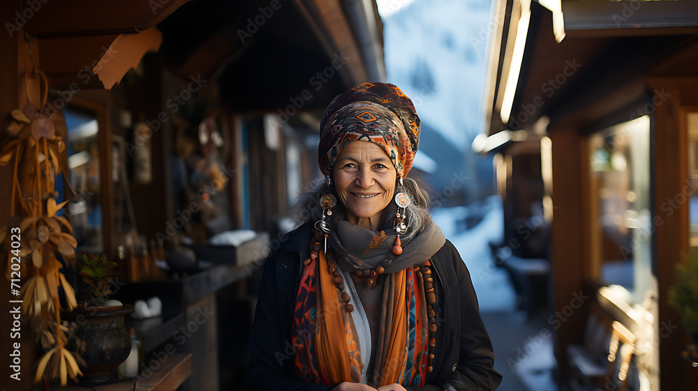 A smiling Ukuraina elderly woman standing in front of a cottage in the Ukrainian mountains in the cold winter.
Generative AI A smiling Ukuraina elderly woman standing in front of a cottage in the Ukrainian mountains in the cold winter.
Generative AI