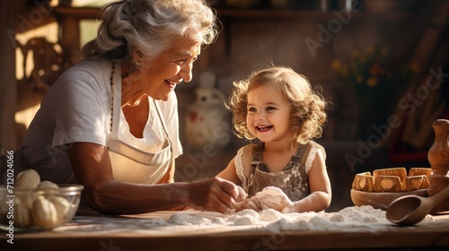 A happy loving family cooking pastries together. A little girl helps her grandmother in the kitchen. © Cherkasova Alie
