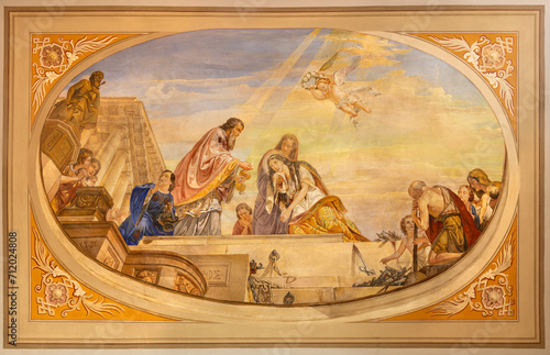 VICENZA, ITALY - NOVEMBER 7, 2023: The fresco of last communion of St. Lucia on the ceiling of church Chiesa di Santa Lucia by Rocco Pittaco (1862).