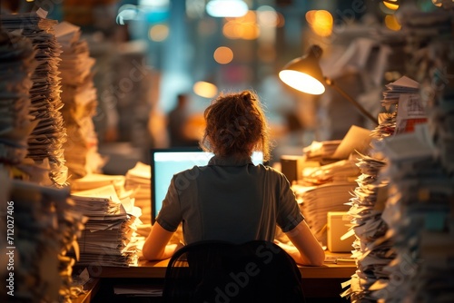 An office worker surrounded by stacks of paperwork at a desk with a computer. photo
