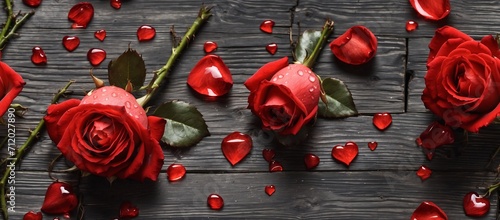 Red roses with water drops on wooden background. Valentines day concept