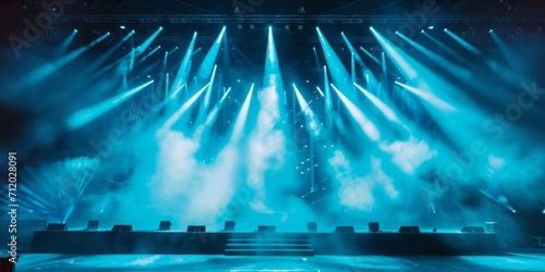 Empty concert stage with dynamic lighting and smoke effects.