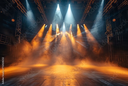 Empty concert stage with dynamic lighting and smoke effects.