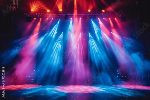 Concert stage lit with colorful spotlights and beams against a dark backdrop.