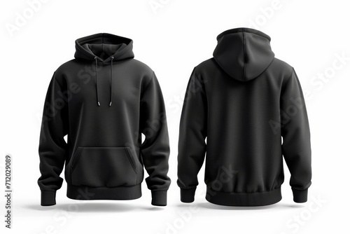 Front and back view of a black hoodie on a white background.