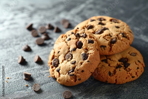 Close-up of a stack of chocolate chip cookies.