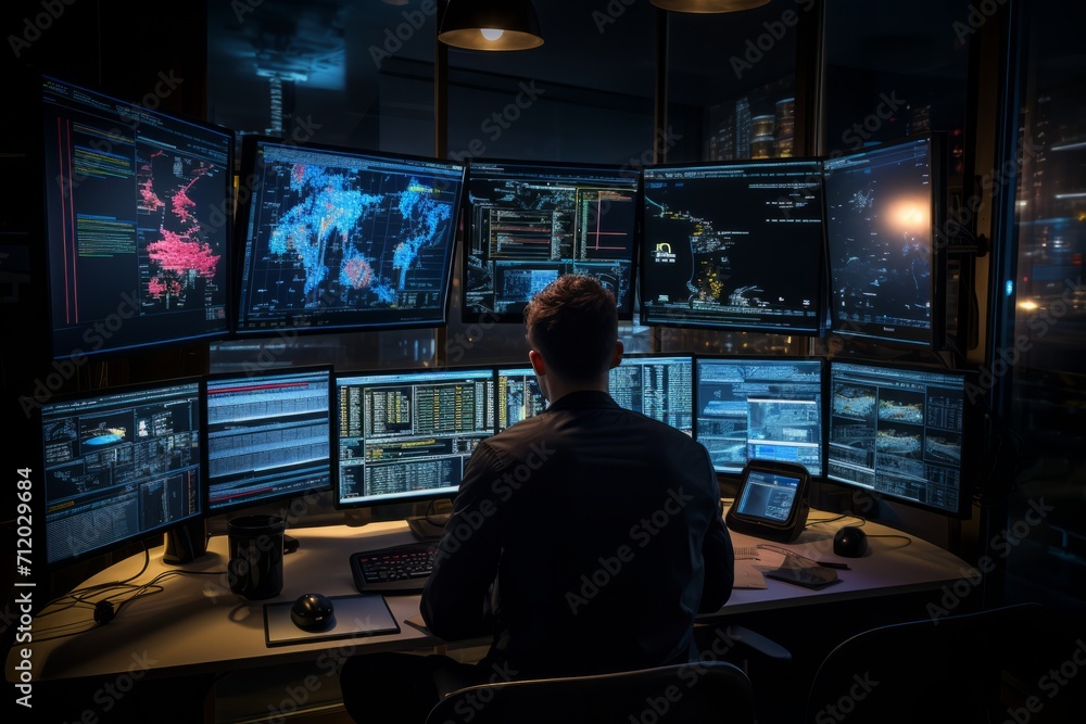 Stock market trader with multiple computer screens displaying real-time data, Generative AI Stock market trader with multiple computer screens displaying real-time data, Generative AI