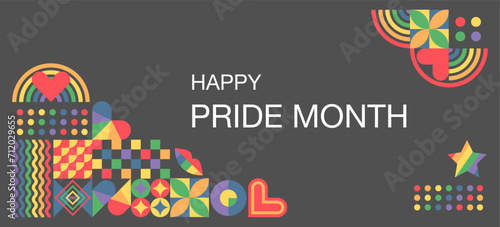 LGBT pride month. LGBT. June. Geometric template with rainbow colors and geometric shapes for LGBT pride month. Love, freedom, support, peace. Template for background, banner, postcard, poster. Vector