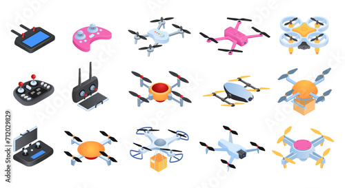 Set isometric drone, vector illustration. Wireless device with propeller, maneuverable quadrocopter. Hi-tech toy with camera for shooting, control agricultural sector and cartography. photo