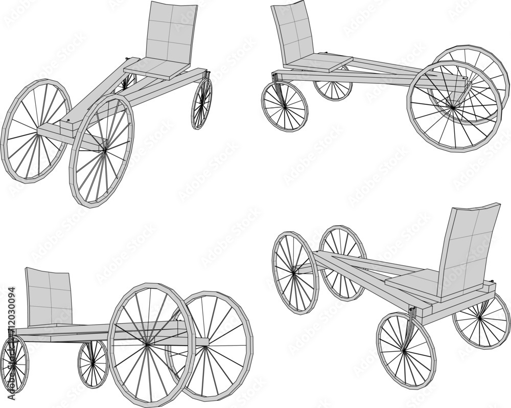 Vector sketch illustration of a simple ancient vehicle design with three wheels
