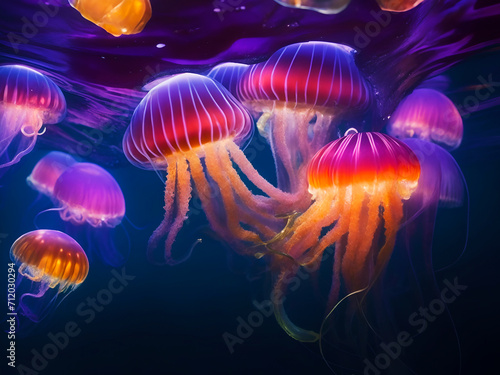Vivid jelly fish in the aquarium, deep sea, under ocean, blue water © YOAQ