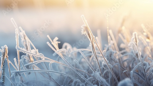 Captivating Frosty Winter Morning Macro  Frozen Grass Fields  Cold Weather Background with Copy Space for Text and Promotional Content