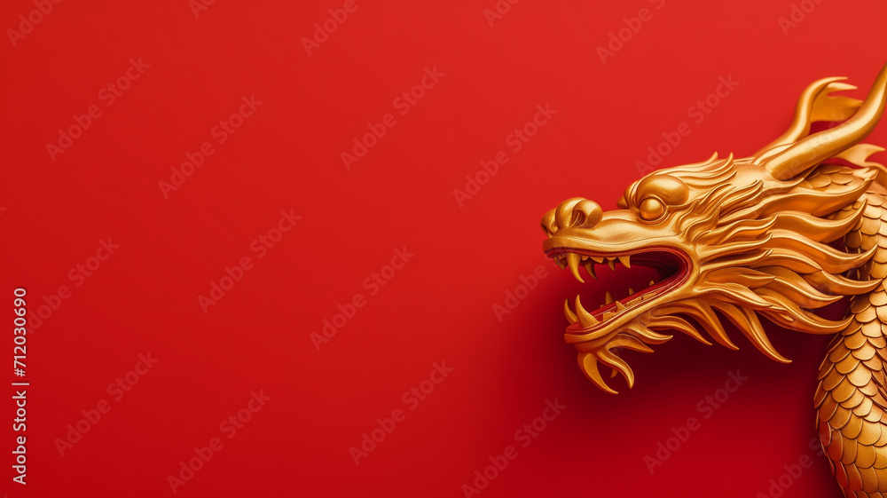 Flat lay of golden chinese dragon with red background for chinese new year concept. copy space