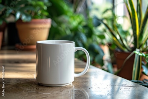 White mug on a table with potted plants in the background.
