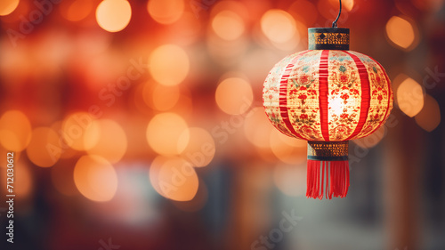 Chinese Lunar New Year celebration. Lantern, ornament, decoration on blurry