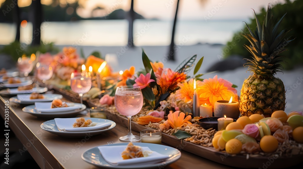A tropical-themed birthday party by the beach with palm trees, tiki torches, and a luau-inspired setup. The table is decorated with tropical fruits, coconuts, and a beach-themed cake