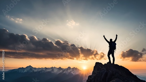 Silhouette of climber standing triumphantly on the mountain summit, with the dramatic sense of accomplishment against the sky.