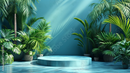 Product display podium decorated with tropical palm leaves on an aqua blue background