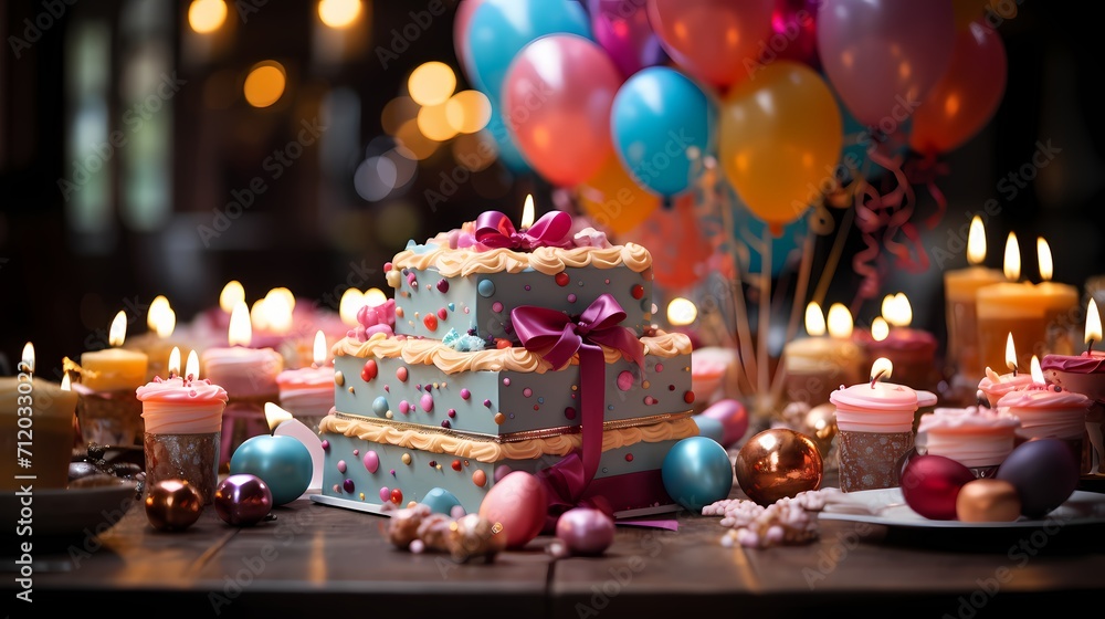 A vibrant and festive birthday party setup with colorful balloons, streamers, and a beautifully decorated cake surrounded by party favors and presents. The scene is filled with excitement and joy