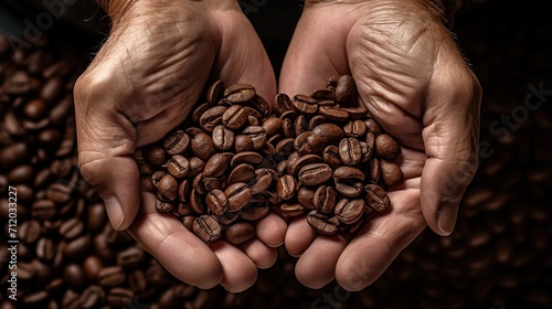 Farmer holding coffee beans in his hands. Coffee harvest concept