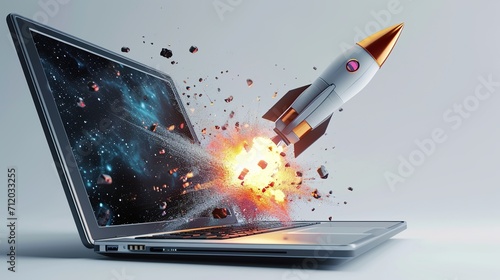Rocket with a cloud of smoke and blast takes off from a laptop. Successful business project concept. photo