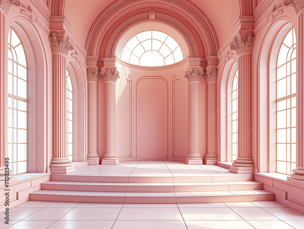 3d empty stage with grandiose pink hallway adorned with classical columns and arches, bathed in a soft, warm glow from the tall windows.