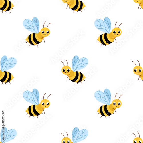 Seamless simple pattern with cute bee character. Vector background with funny honeybee or bumblebee on white