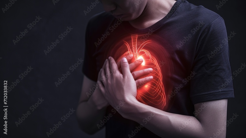 Young man pressing on chest with painful expression. Heart attack or painful cramps.