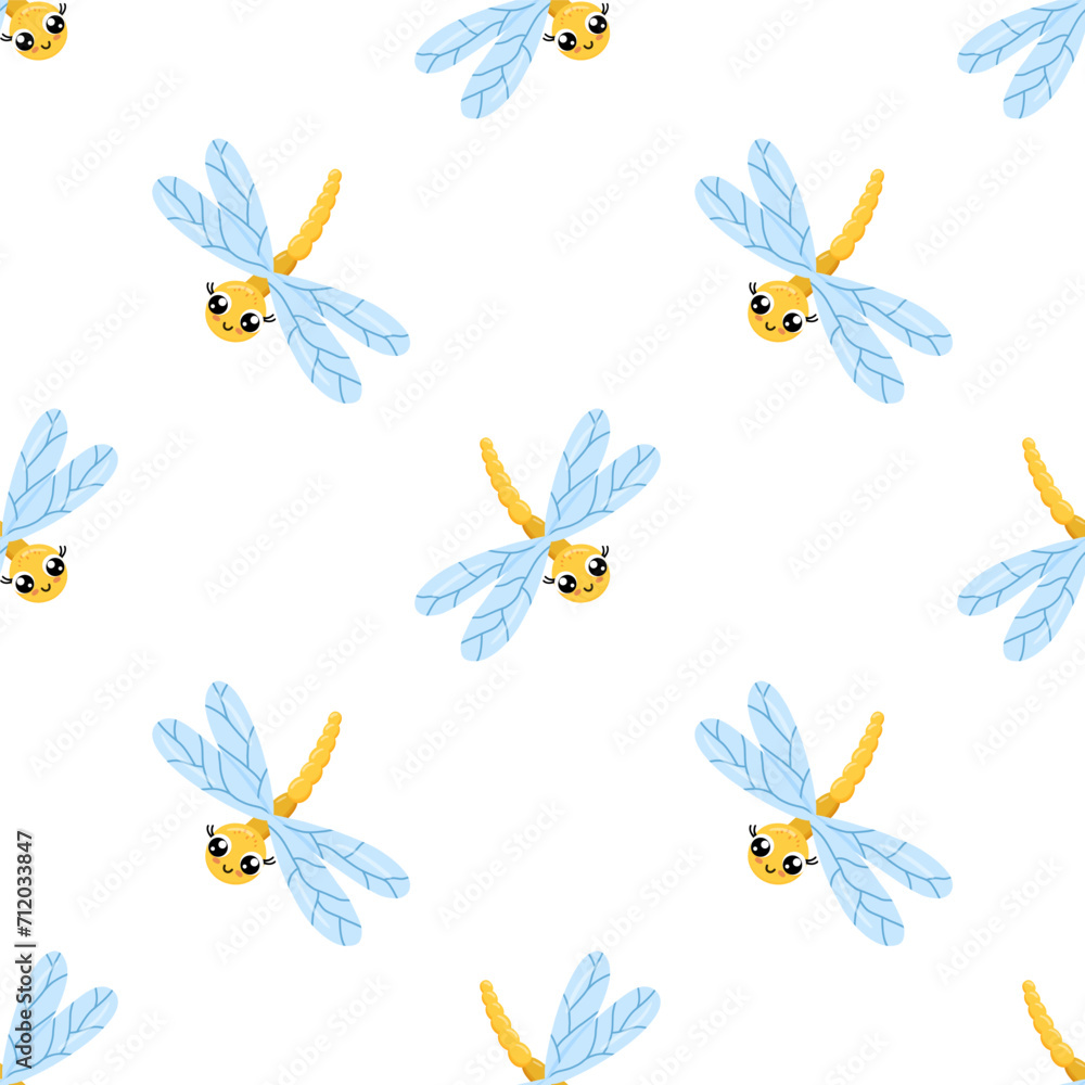 Seamless pattern with cute dragonfly character. Funny dragonfly on white for children and newborn fabric. Seamless pattern with cute dragonfly character. Funny dragonfly on white for children and newborn fabric.