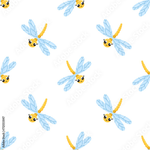 Seamless pattern with cute dragonfly character. Funny dragonfly on white for children and newborn fabric.