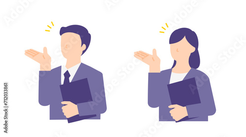 バインダーを持ちお客様を案内するビジネスパーソンのイラスト