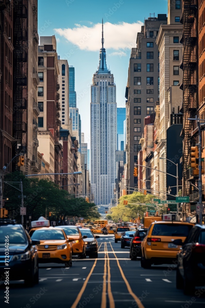 Fototapeta premium Crowded city street with financial district skyscrapers in the background, Generative AI