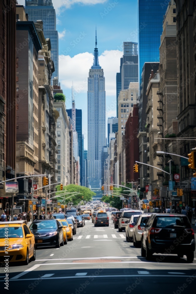Fototapeta premium Crowded city street with financial district skyscrapers in the background, Generative AI