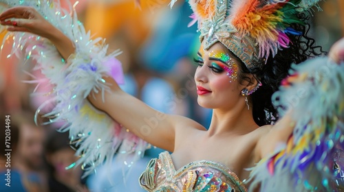 A carnival queen in a white and gold costume waves during a parade, her attire complete with feathers and glittering details photo