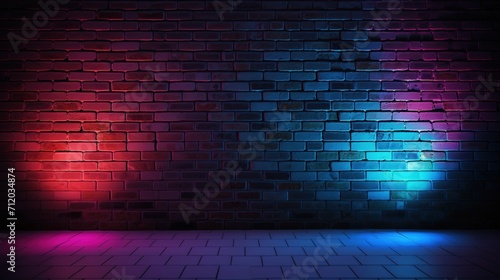 dark brick wall texture with purple and blue neon lights. Product mockup, retrowave style. 3d rendering, photo