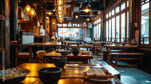Horizontal shot of the interior of a Korean Restaurant. Ai Generative