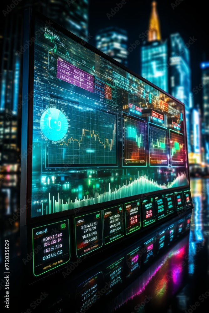 Fototapeta premium Futuristic digital screen displaying cryptocurrency prices and data, Generative AI