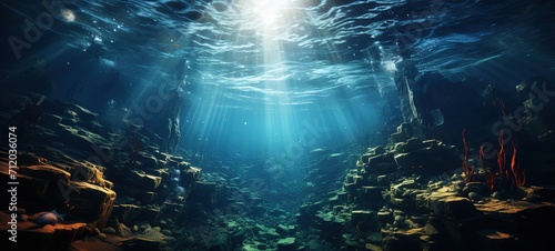 Beautiful view of sunlight shining on underwater ocean. © Mas