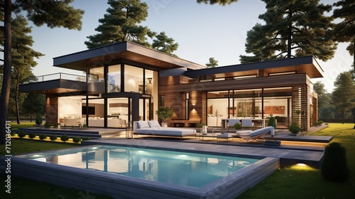 modern villa design with large windows. Modern architecture. © Mas