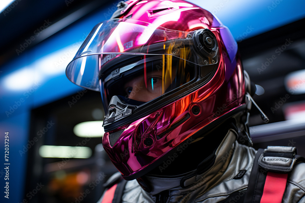 Racing driver in helmet and protective suit ready to win the race. Racing driver in a simulator Racing driver in helmet and protective suit ready to win the race. Racing driver in a simulator