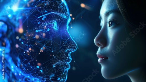 Robotics or ai artificial intelligence connecting interaction with human.Chat bot software network.big data and transfer protocol system.Neuralink with smart brain.ai generative technology