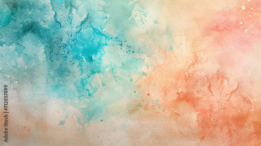 Abstract watercolor background on canvas with a dynamic mix of turquoise, peach and sand colors